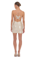 Metallic Butterfly-Back Mini Dress in Champagne