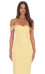 Tulle Off Shoulder Sleeve Maxi Dress in Yellow
