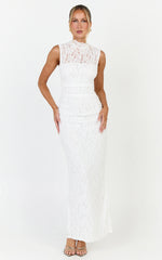 Luna Maxi Dress - Lace High Neck Sleeveless Dress in White