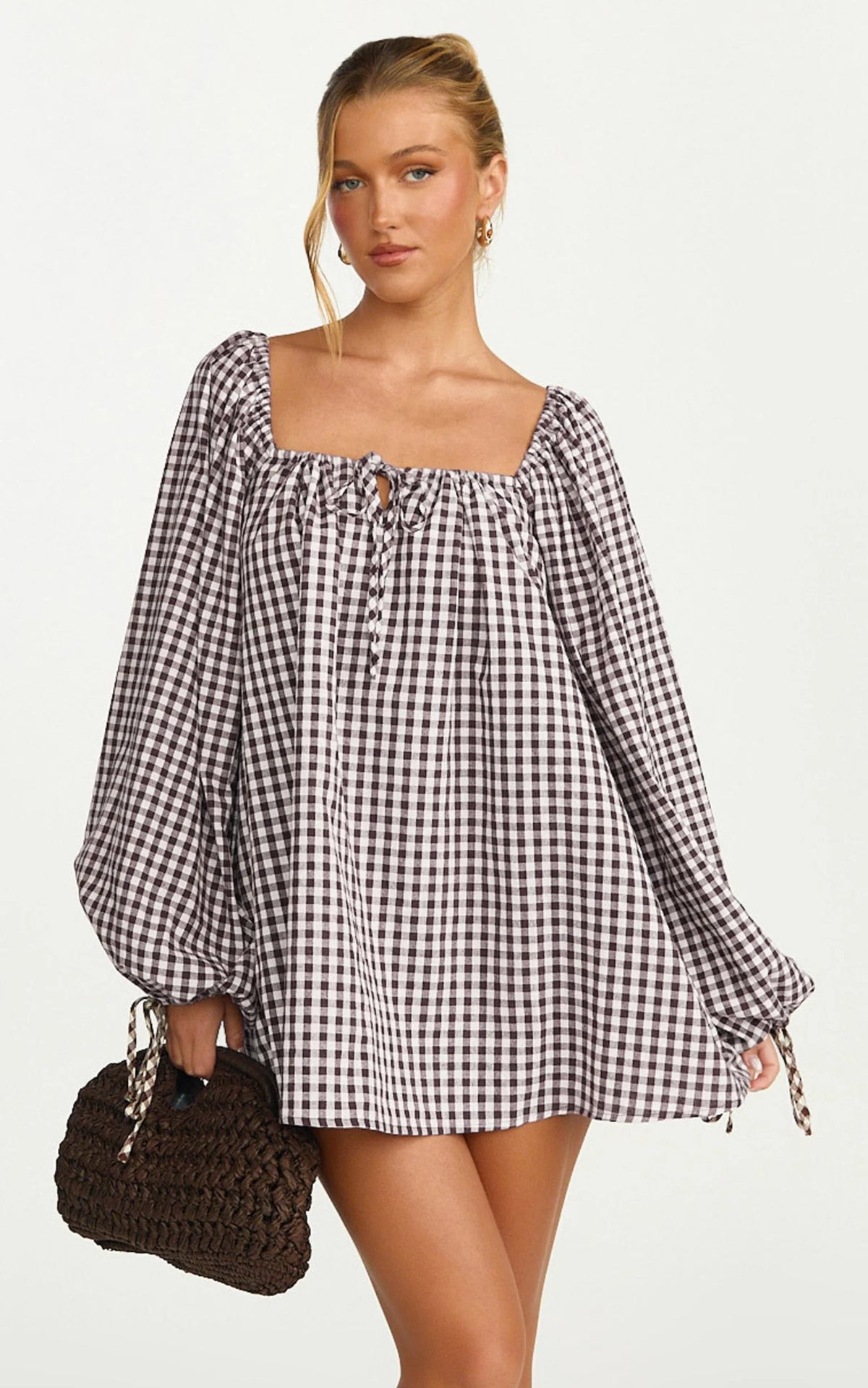 Brixton Mini Dress - Square Neck Smock Dress in Chocolate