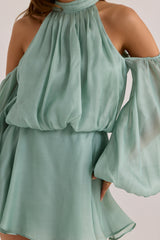 Jade Silk Organza Open Back Mini Dress