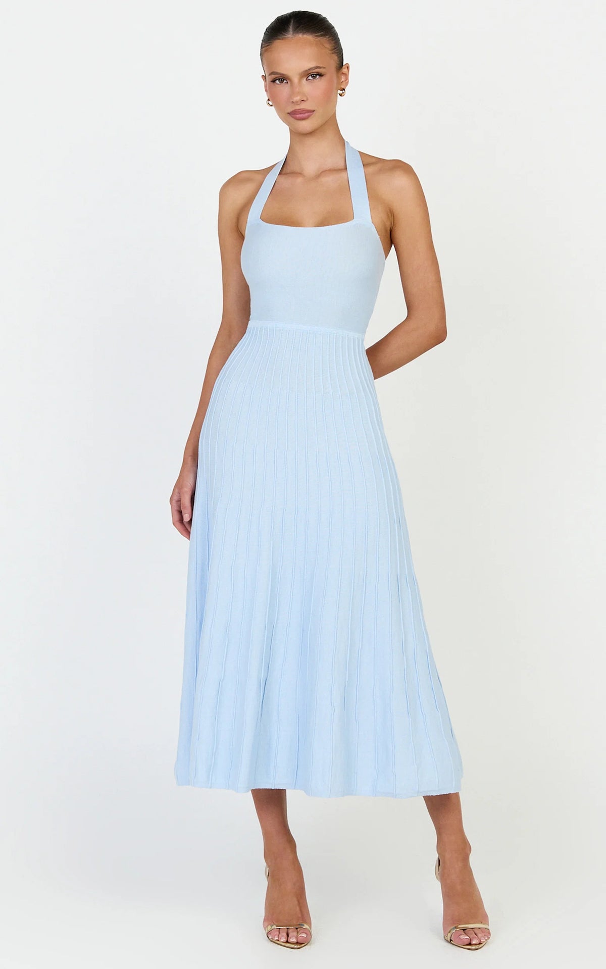 Candace Midi Dress - Halter Neck Ribbed Knit Dress in Baby Blue