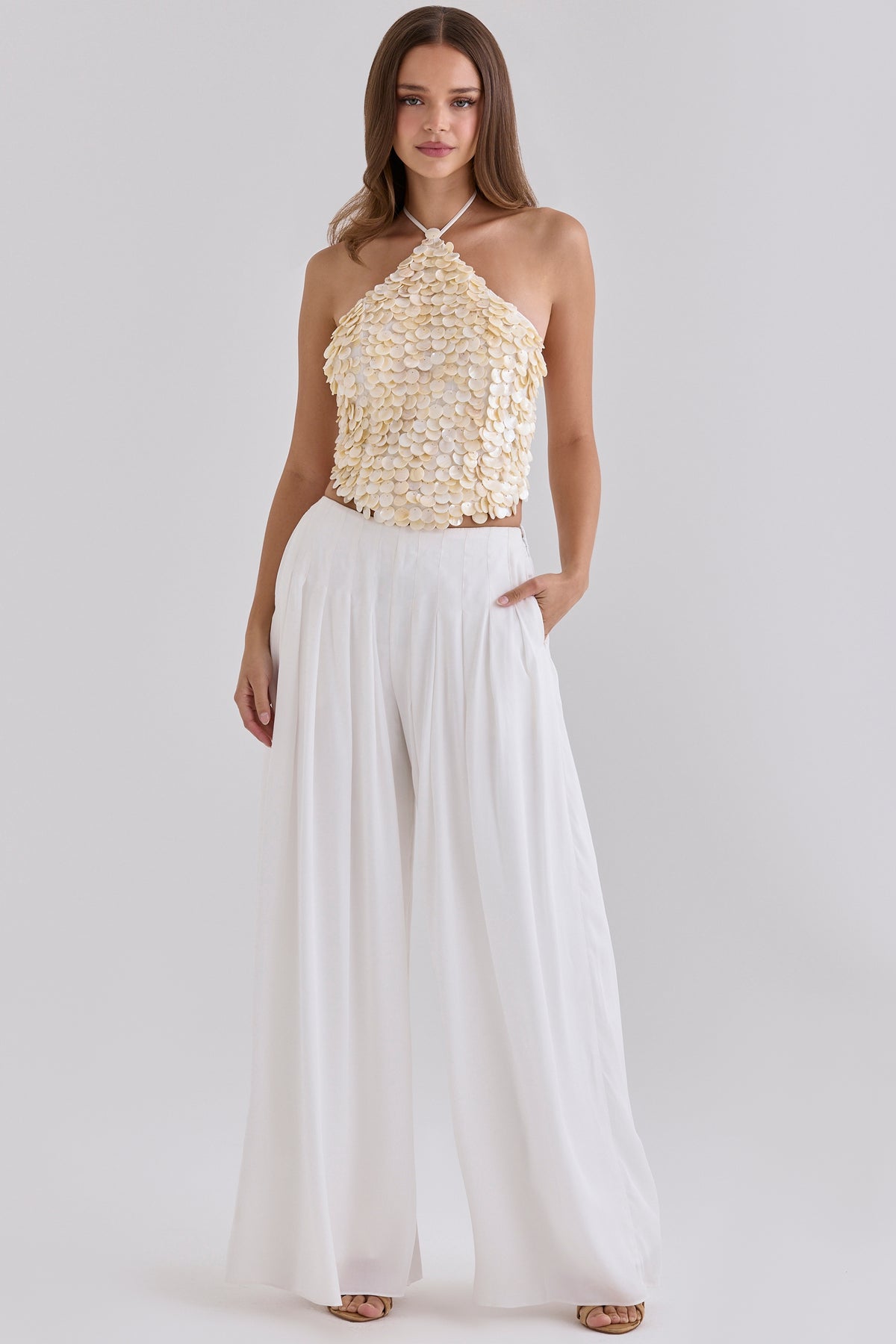 White Sateen Pleated Wide Leg Trousers