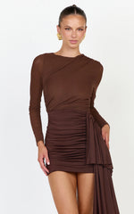 Jasmine Mini Dress - Long Sleeve Draped Skirt Overlay Dress in Chocolate