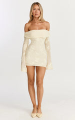 Raymond Mini Dress - Off Shoulder Long Sleeve Fitted Dress in Lemon