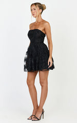 Marzy Mini Dress - Strapless Floral Detail Lace Fit and Flare Dress in Black