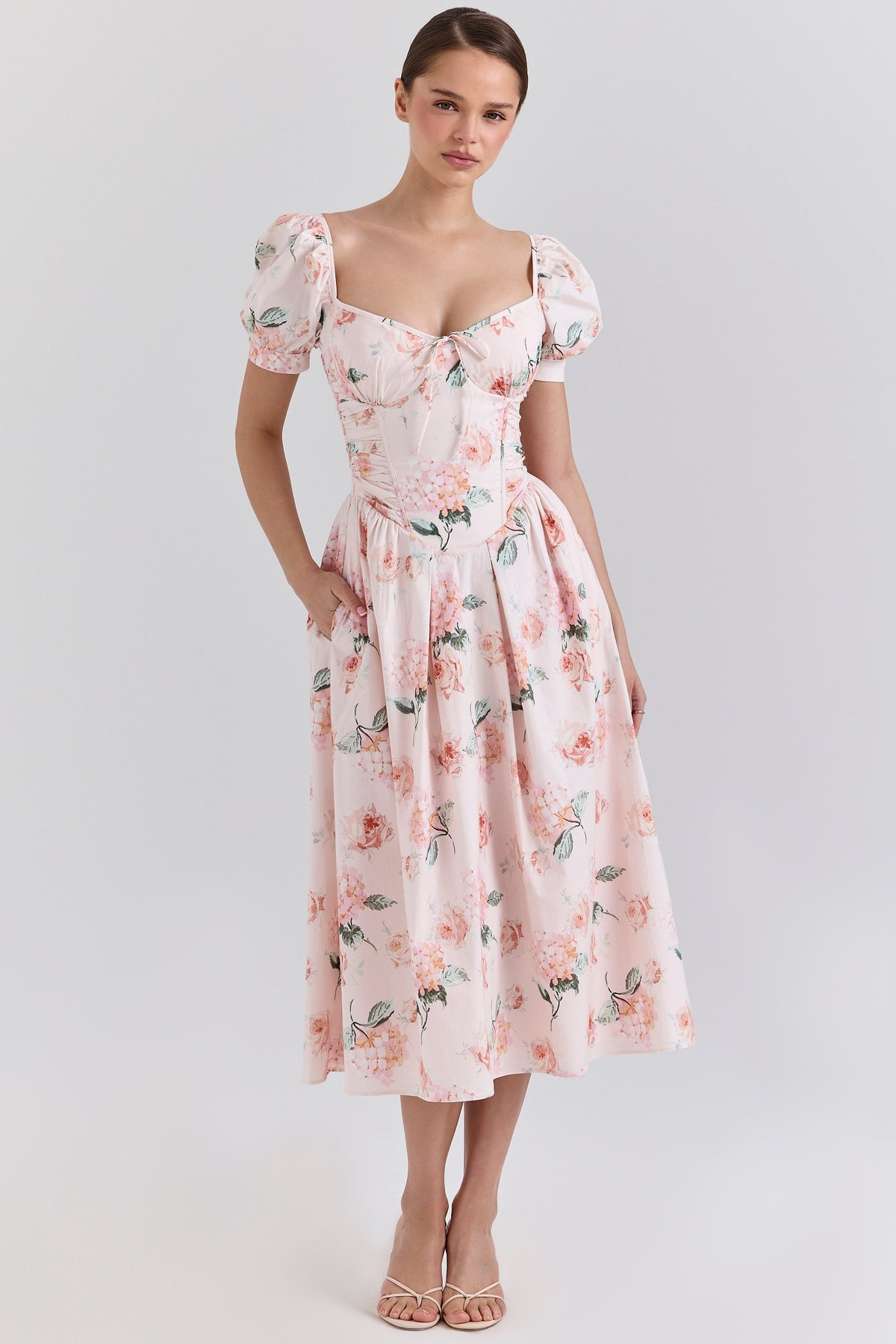 Peach Floral Cotton Puff Sleeve Midi Dress