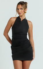 Felicity Mini Dress - Poplin Cowl Halter Gathered Dress in Black