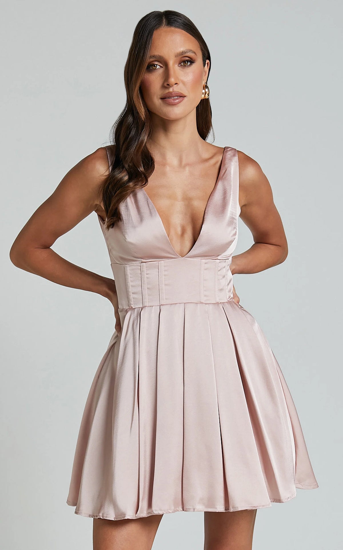 Bronte Mini Dress - Plunge Neck Fit and Flare in Blush