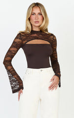 Celestine Top - Cut Out Lace Long Sleeve Top in Chocolate