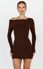 Tess Mini Dress - Asymmetric Off Shoulder Long Sleeve Knit Dress in Chocolate