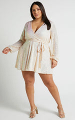 Three Of Us Mini Dress - Long Sleeve Wrap Dress in White Sequin