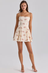 Ivory Vintage Rose Print Cotton Flared Mini Sundress