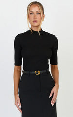 Tilda Top - High Neck Short Sleeve Fitted Top in Black