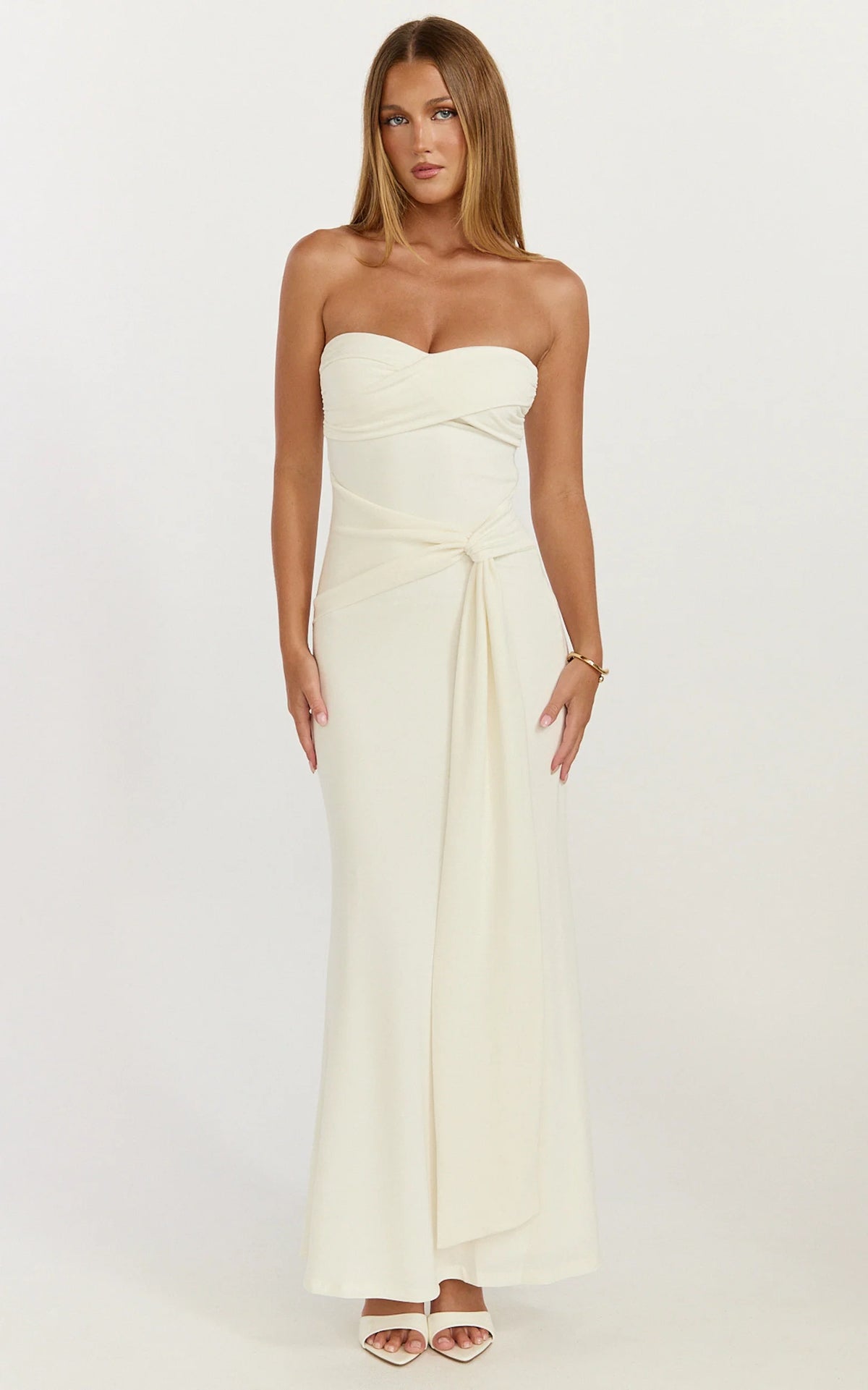 Aria Midi Dress - Strapless Tie Waist Dress in Off White
