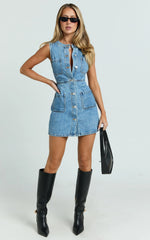 Stephanie Mini Dress - Scoop Neck Pocket Detail Recycled Denim Dress in Light Blue Wash