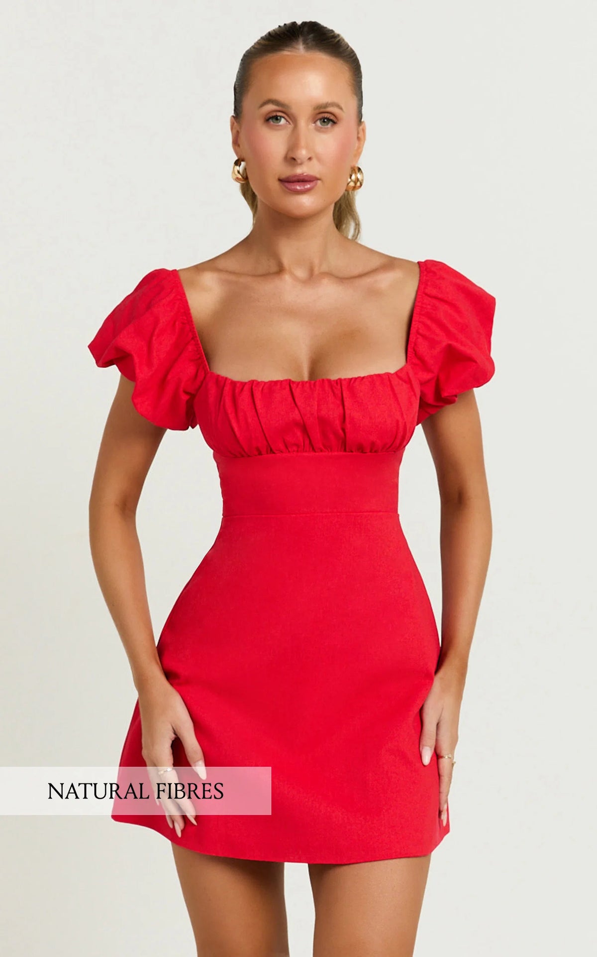 Ginny Mini Dress - Square Neck Ruched Bodice Puff Sleeve Straight Dress in Red
