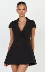 Clementine Mini Dress - Cap Sleeve Double Breasted Dress in Black