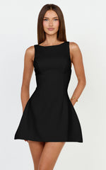 Freddie Mini Dress - Boat Neck Fit and Flare Dress in Black
