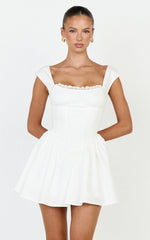 Clementine Mini Dress - Cap Sleeve Lace Trim Fit And Flare Mini Dress in Off White
