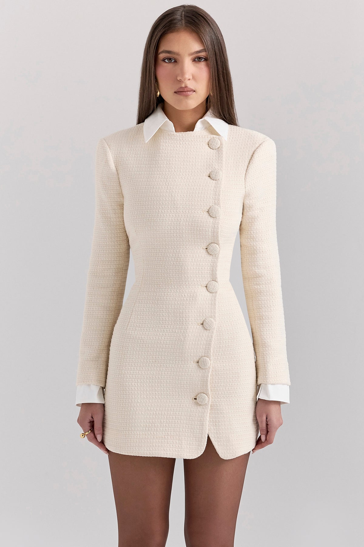 Cream Boucle Tweed Mini Dress
