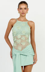 Nerissa Mini Dress - Crochet Floral Embellished High Neck Wrap Tie Skirt Dress in Sage