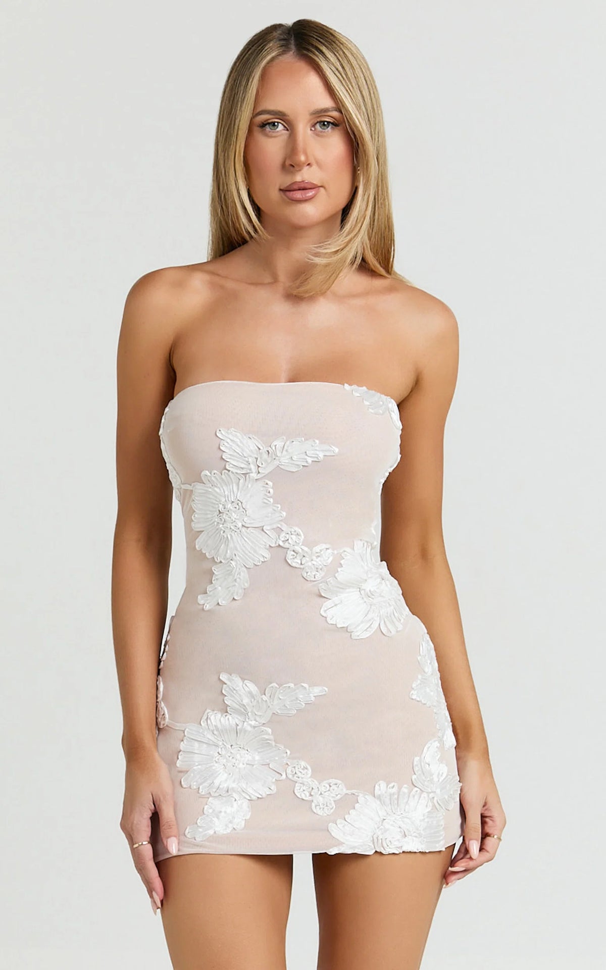 Shelby Mini Dress - Strapless Rosette Bodycon Dress in White