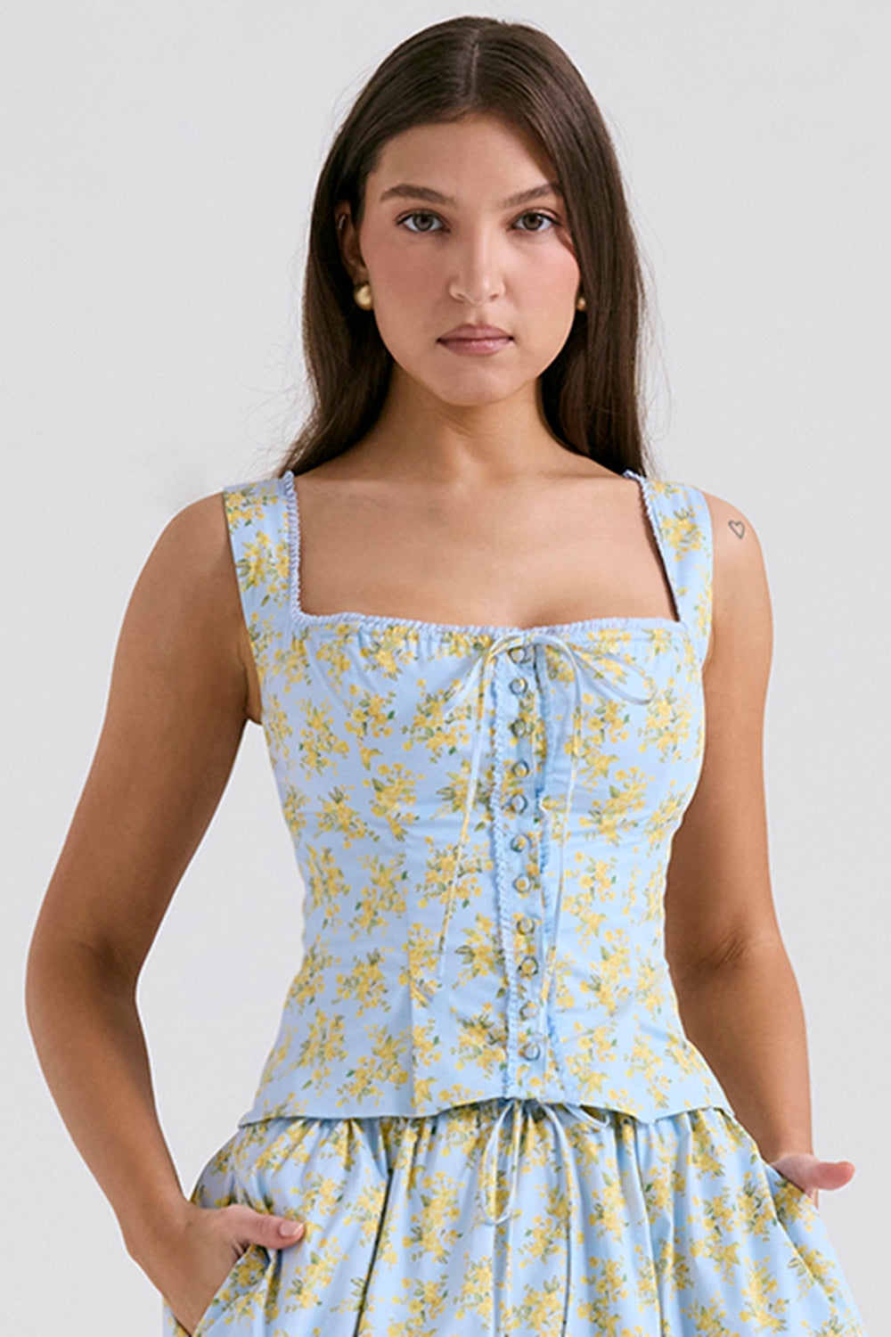 Soft Blue Vintage Floral Print Cotton Top