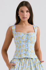 Soft Blue Vintage Floral Print Cotton Top