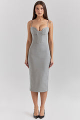 Light Grey Mesh Panelled Bodycon Midi Dress