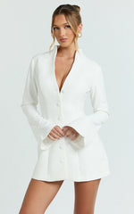 Layton Mini Dress - V Neck Long Sleeve Button Front Tulip Skirt Dress in White