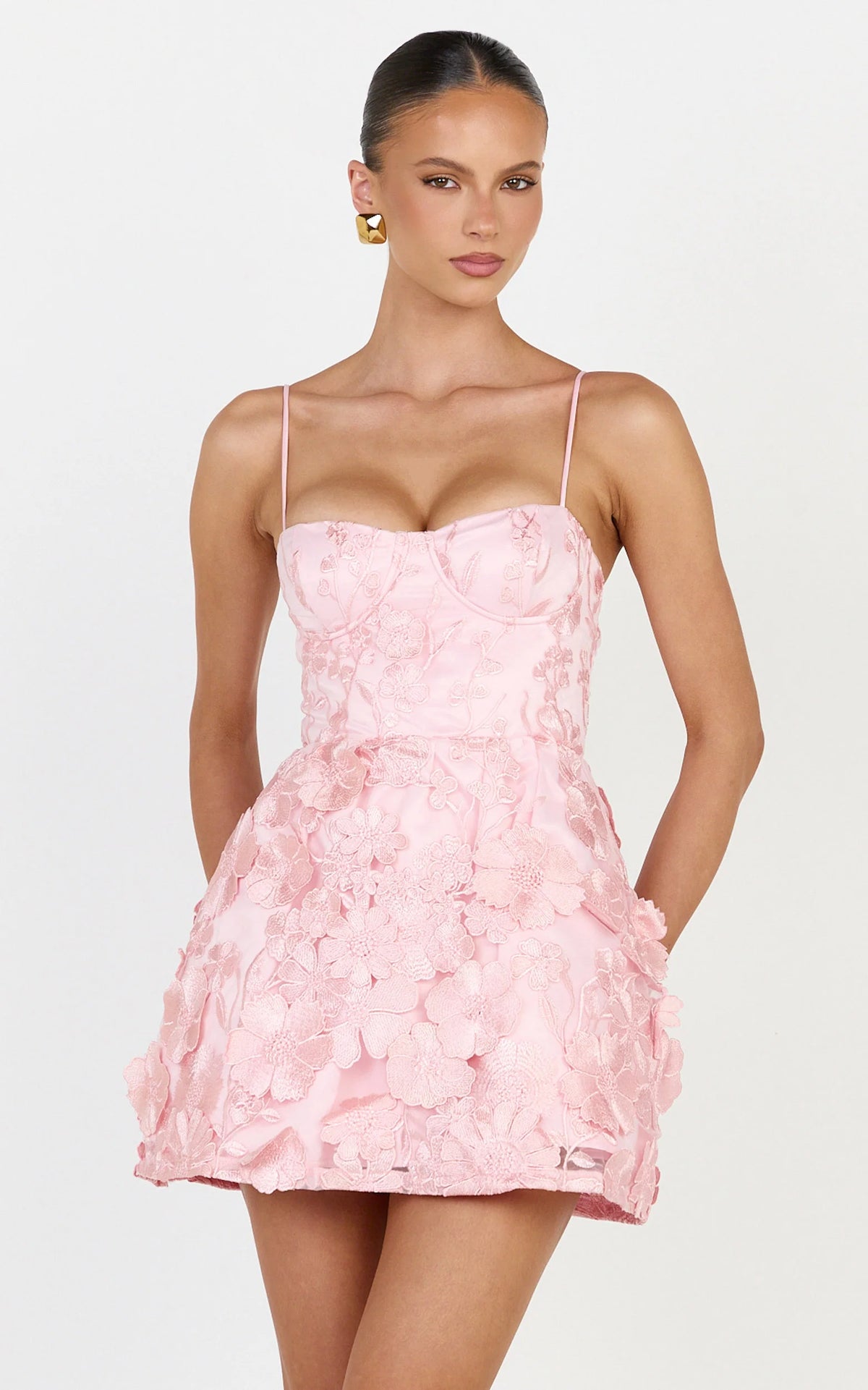 Kala Mini Dress - 3D Floral A Line Dress in Pink