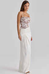 White Embellished Lace And Satin Maxi Dress