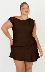 Goldie Mini Dress - Tipped Off Shoulder Cap Sleeve Ruched Fitted Ruffle Hem Skirt Dress in Chocolate