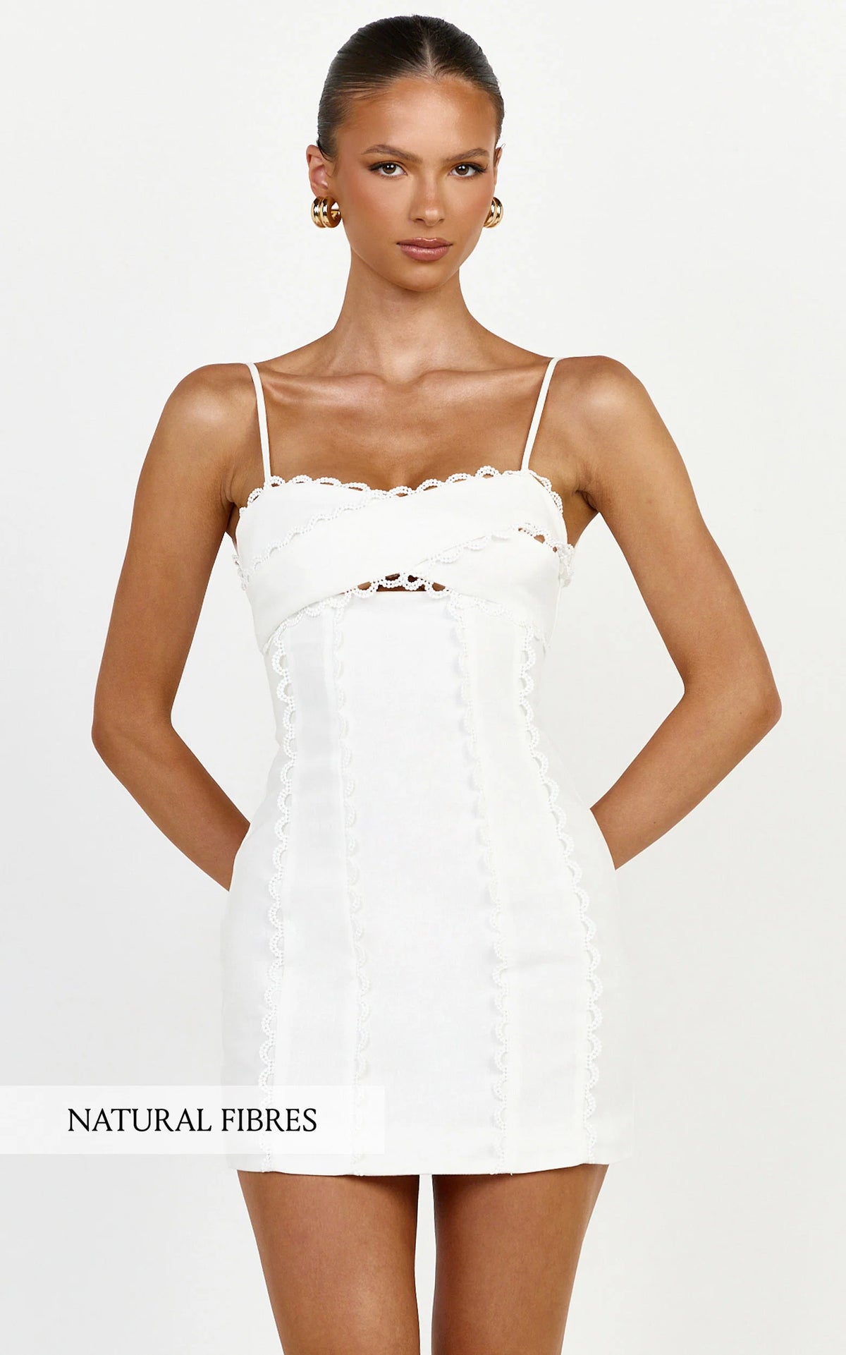 Gigi Mini Linen Blend Dress - Sweetheart Tie Back Scallop Detail Dress in Off White
