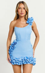 Amalie The Label - Valencia One Shoulder Ruffle Detail Mini Dress - In Sky Blue