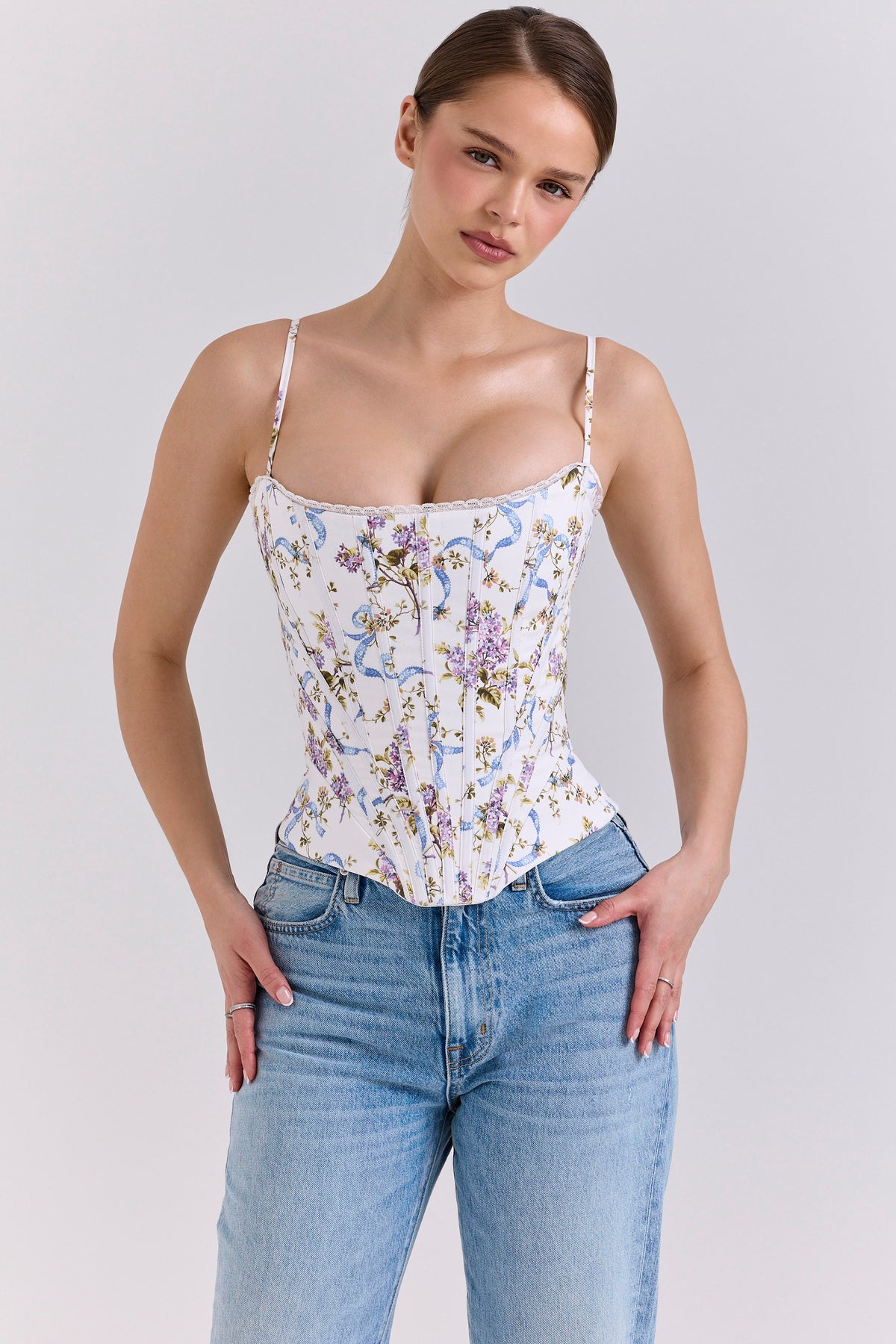 White Floral Ribbon Print Cotton Corset Top