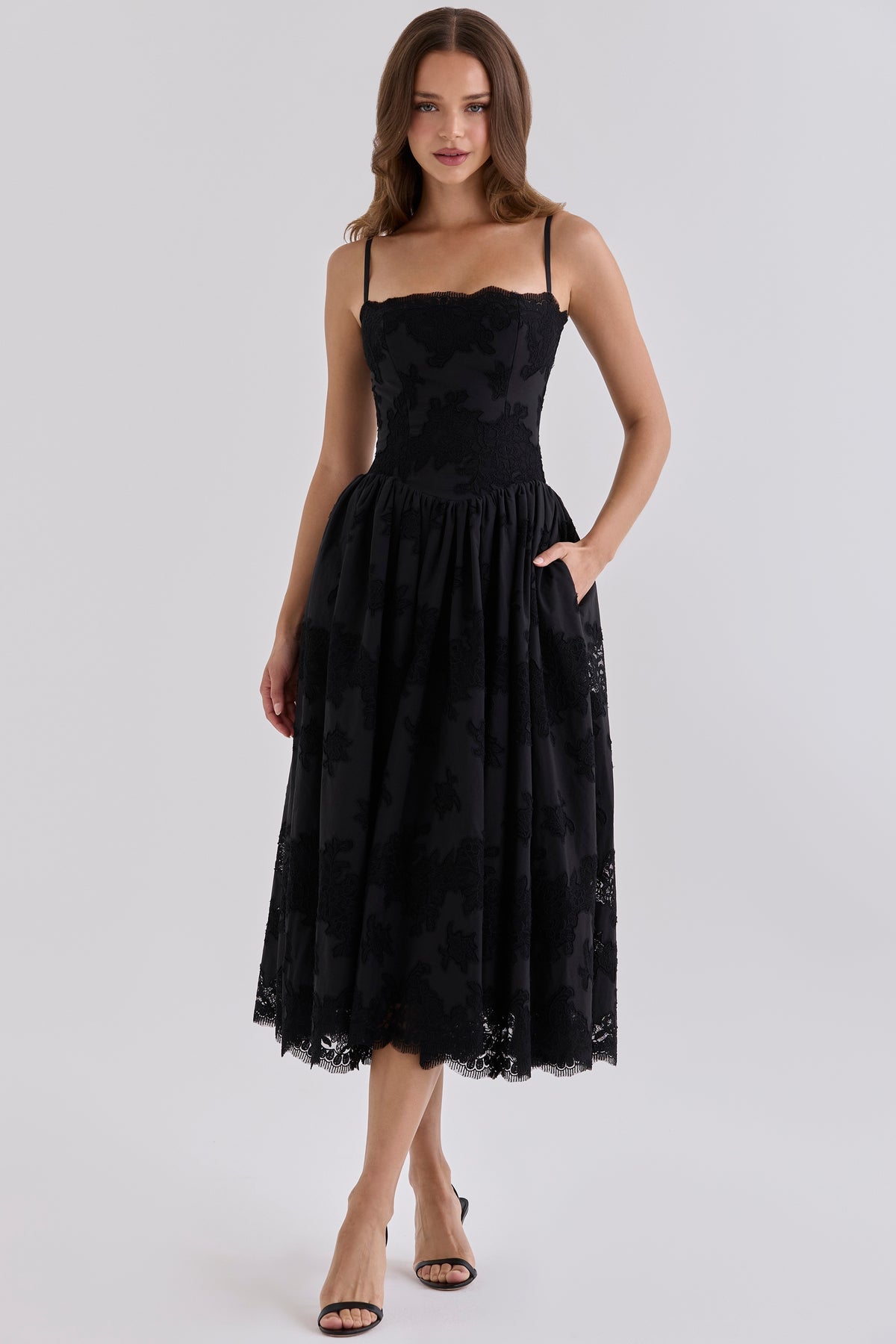 Black Custom Lace + Broderie Anglaise Cotton Midi Sundress