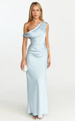 Lira Maxi Dress - One Shoulder Satin Dress in Pale Blue