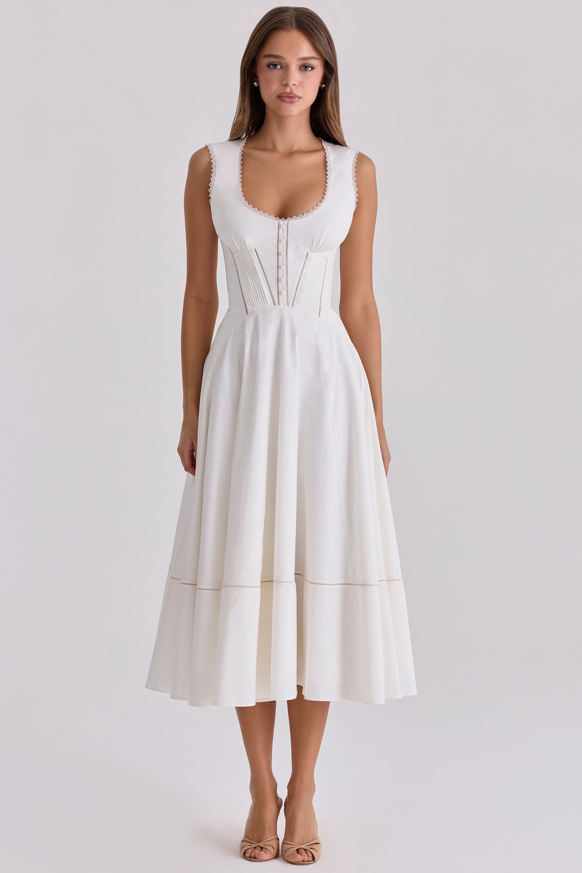 White Cotton Waist Cinch Midi Sundress