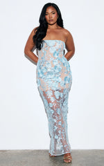 Sienna Maxi Dress - 3D Floral Strapless Column Dress in Blue