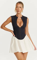 Schiffer Mini Dress - Low Cut Notch Neck Contrast Denim Mini Dress in Raw