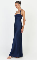 Flynn Maxi Dress - Satin Halter Sweetheart Neck Dress in Navy