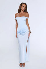 The After Party Off Shoulder Satin Maxi Dress Blue