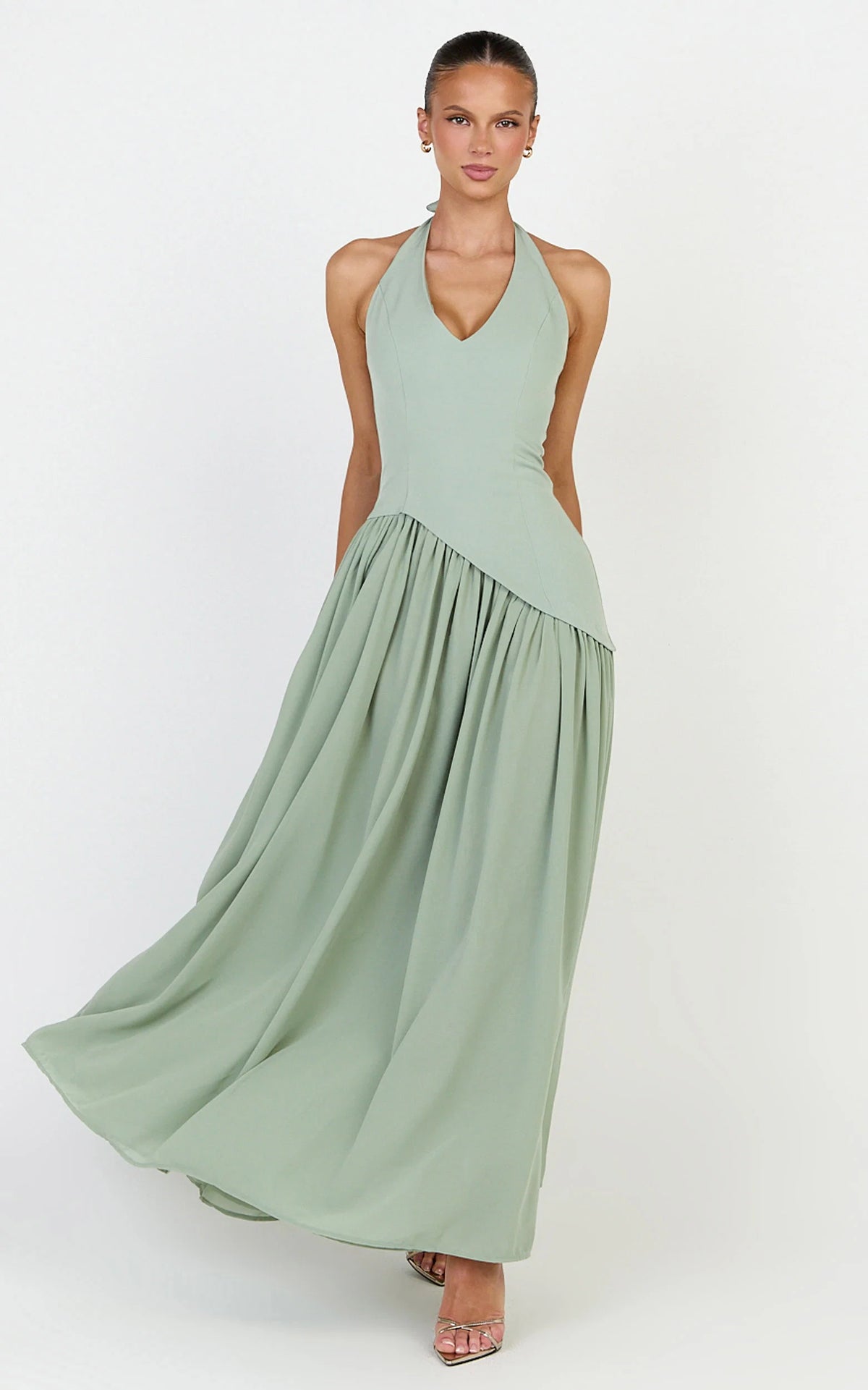 Calla Maxi Dress - Halter Neck Asymmetric Dropped Waist Dress in Sage