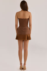 Bronze Shimmer Chiffon + Mesh Strapless Mini Dress