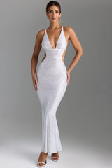 Embellished Cut-Out Backless Maxi Dress in White