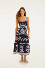 Blue Richelieu Embroidered  Midi Dress