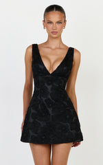 Lima Mini Dress - Plunge Neck Floral Embellished A Line Dress in Black