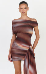 Lucienne Mini Dress - Asymmetric Off Shoulder Gathered Draped Sash Dress in Aurora Print